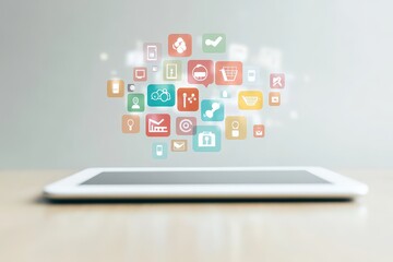 Fototapeta premium A tablet on a wooden surface displaying various colorful app icons floating above it, symbolizing technology