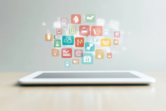 A tablet on a wooden surface displaying various colorful app icons floating above it, symbolizing technology