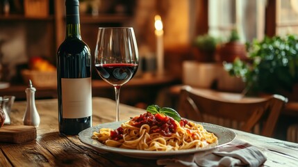 A cozy dinner scene with two wine glasses, a bottle of red wine, and a delicious pasta dish on a rustic wooden dining table.