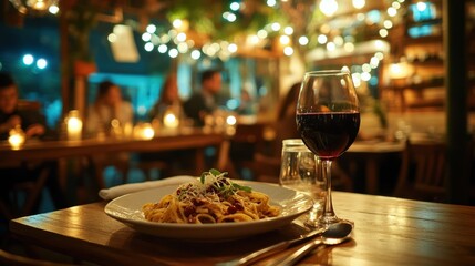 A cozy Italian restaurant with dim lighting, wooden tables, and a candlelit ambiance, featuring a plate of pasta and a glass of red wine.