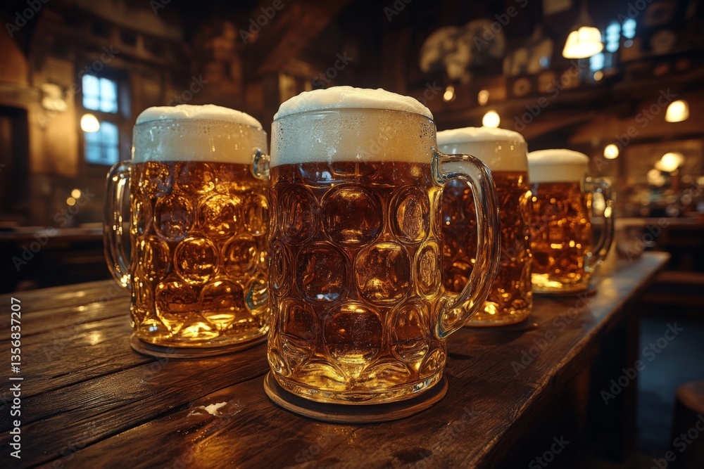 Aufkleber craft beer mugs filled with frothy golden beverage in a rustic tavern setting during the evening