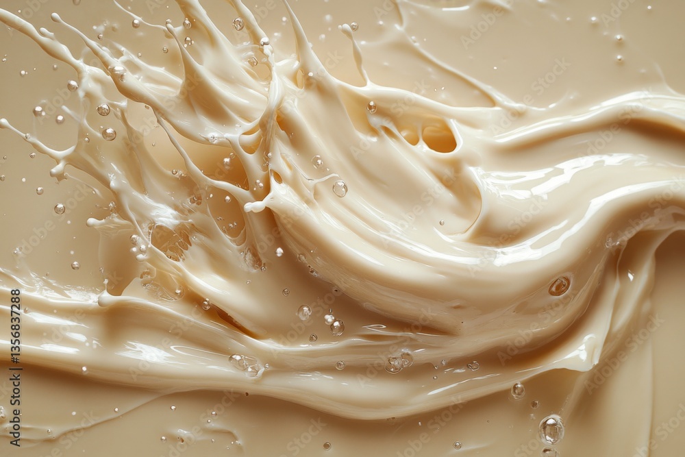 Aufkleber Creamy liquid splashes create dynamic patterns against a smooth background during a culinary process in a kitchen setting