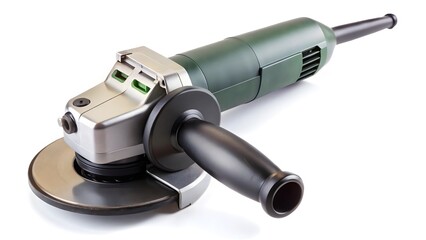 Studio shot showcasing a green and silver angle grinder on white backdrop