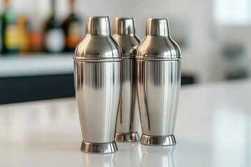 Three stainless steel cocktail shakers on a glossy bar counter.