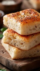 Fototapeta premium Golden Focaccia Stacked High on Rustic Wooden Board Italian Culinary Delight with Fresh Basil Leaves and Rustic Charm