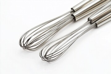 Close-up of two stainless steel whisks on a white background.