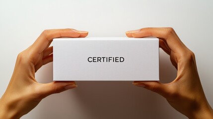 Hands presenting a minimalist white box with certified label against a clean background