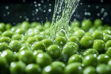 Fresh green peas being rinsed with water in a kitchen sink during meal preparation
