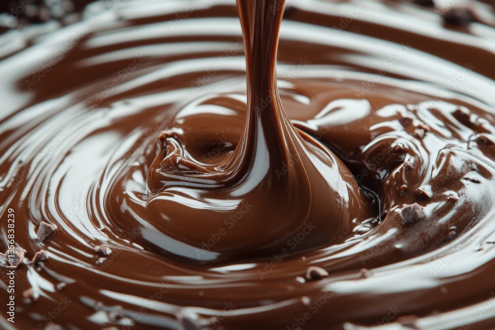 Poster melting rich chocolate being stirred in a bowl creating smooth texture and glossy appearance