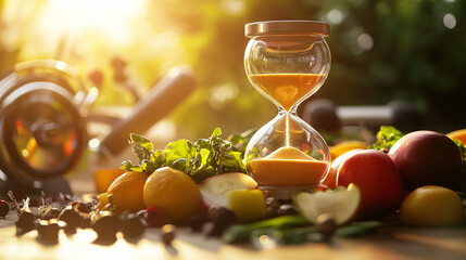 Glowing hourglass with fruits, vegetables, and exercise gear, symbolizing health and longevity.