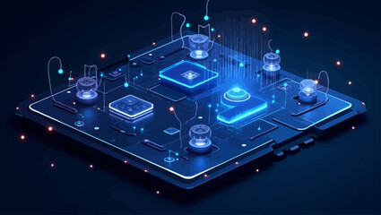 3D futuristic circuit board with glowing chips and connected elements symbolizing AI systems and smart technology.