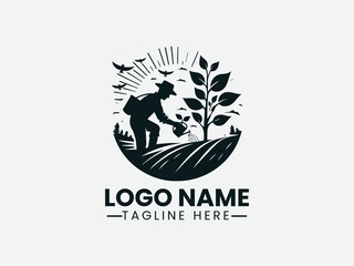 Farmer Planting Seedling Logo Design, Planting Farmer Logo, Agriculture Farmer