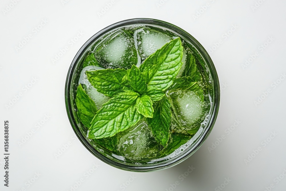 Poster refreshing mint beverage with ice cubes in a glass on a plain background