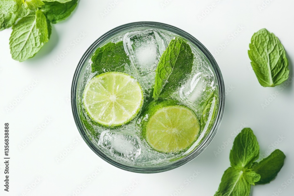 Poster refreshing mint and lime beverage with ice cubes served in a glass on a white background