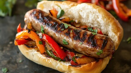 A freshly grilled sausage served in a bun with sauted peppers and onions, ready to be enjoyed as part of Italian street food.