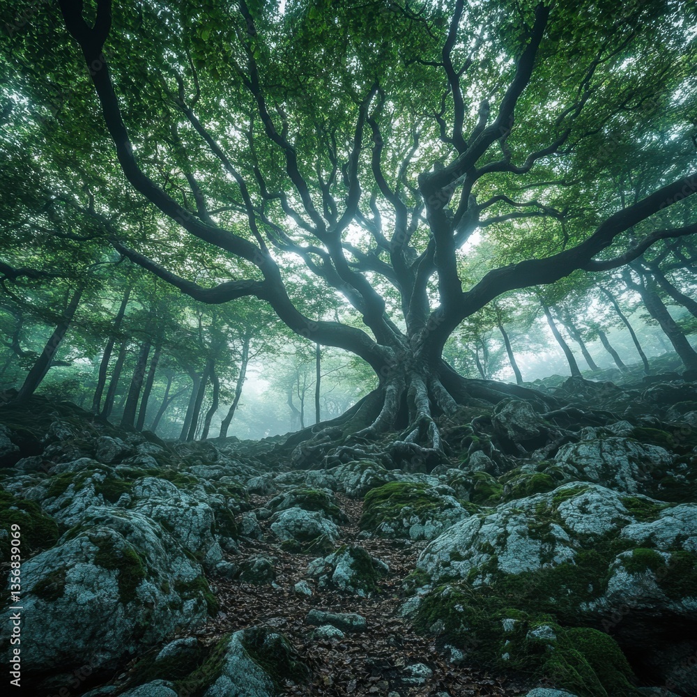 Poster enchanted forest scene with ancient beech tree roots and mossy rocks capturing a mystical atmosphere
