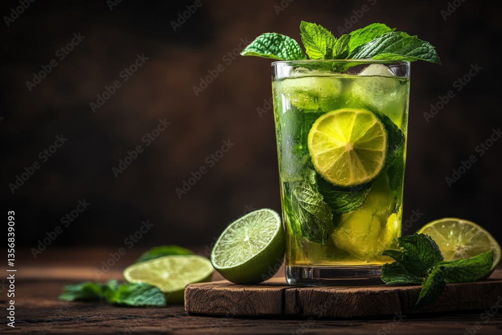Poster refreshing cocktail with mint and lime served in a glass on a wooden board in a dimly lit setting