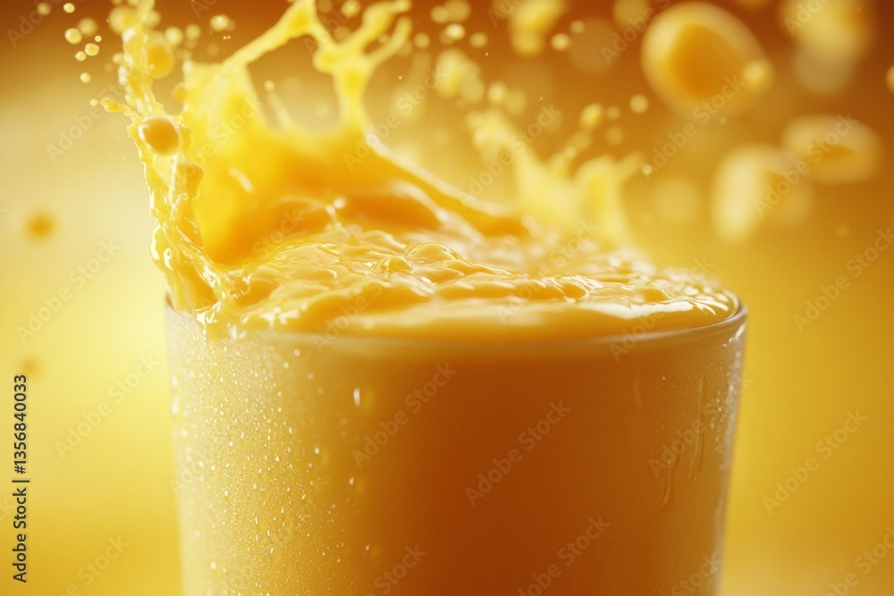 Poster fresh juice splashes from a glass filled with vibrant orange liquid against a warm background at a s