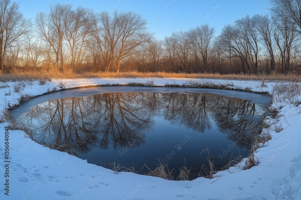 Poster winter landscape of a frozen pond surrounded by trees at dusk in a serene natural setting