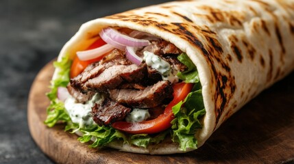 A Greek-style gyro wrapped in warm pita bread, filled with grilled meat, tzatziki sauce, tomatoes, onions, and lettuce.