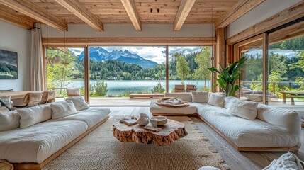 Fototapeta premium Lakeside Cabin Living Room with Mountain View