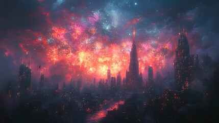 Fototapeta premium Futuristic Cityscape with Celestial Fireworks Display