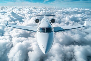 Private jet flying above clouds during a clear day