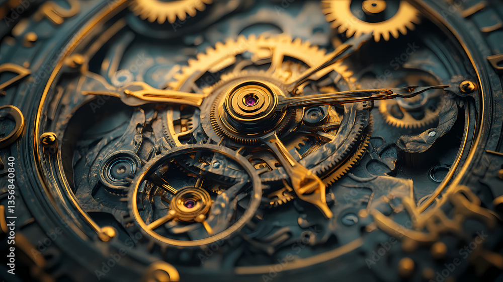 Poster intricate time: a detailed close-up of a mechanical watch's inner workings, featuring gleaming gold 