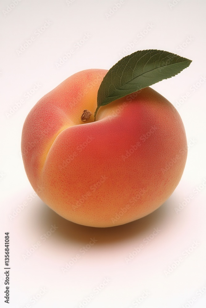 Poster close up of a fresh ripe peach with a green leaf against a clean white background in a studio settin