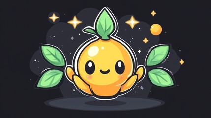 Adorable Lemon Character Design: A Cute and Cheerful Illustration of a Smiling Lemon with Leaves, Stars, and a Dark Background.