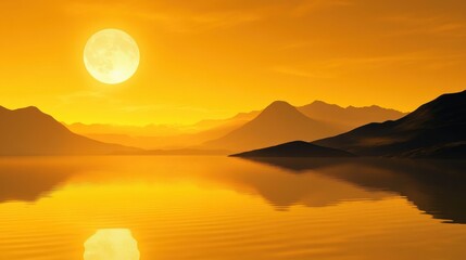 Obraz premium 3D rendering of a golden sunrise over mountains with a reflection in a lake.