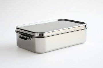 Shiny stainless steel lunchbox with a sleek rectangular design.