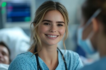 Fototapeta premium Nurse interacting with a patient in a hospital setting during daytime with a warm smile
