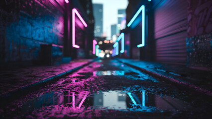 Dark alley with flickering neon lights and graffiti-covered walls.