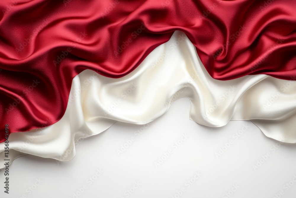 Poster red and white silky fabric draped elegantly, showcasing texture and color contrast in a creative dis