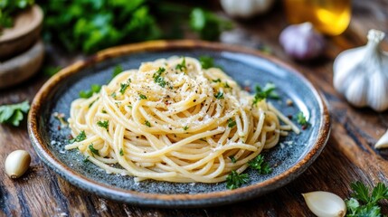 A picturesque Italian outdoor dining scene with a plate of spaghetti aglio e olio, surrounded by fresh ingredients like garlic and parsley.