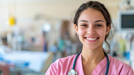 Fototapeta premium Medical student smiling during clinical internship at hospital concept. Smiling nurse in scrubs in a bright hospital setting.