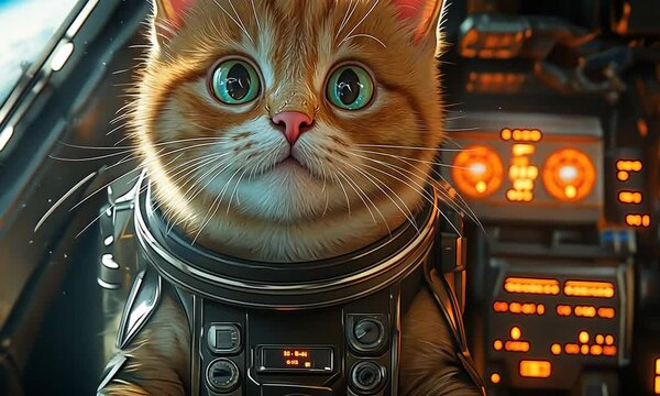 Adorable ginger cat with big green eyes wearing astronaut suit inside detailed sci-fi spaceship cockpit with glowing orange controls. Concept of space exploration and cute fantasy