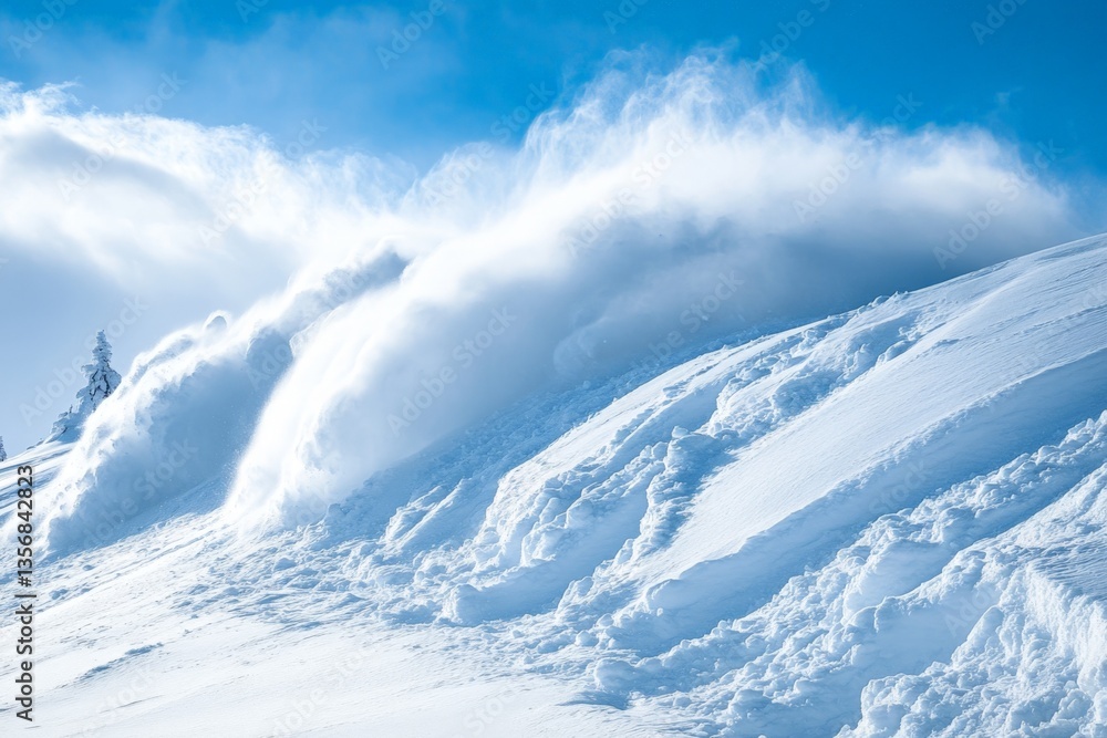 Poster snowy landscape with strong winds creating waves in fresh snow during a bright winter day