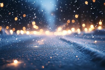 Snow falls gracefully on a quiet street illuminated by warm lights during a winter evening in the city