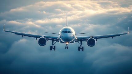 Naklejka premium Passenger airplane approaching for landing against a cloudy sky front view commercial aviation travel and transportation concept modern jet aircraft