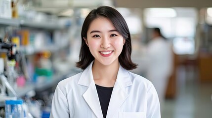 Naklejka premium Medical student smiling in clinical internship concept. Smiling scientist in lab coat demonstrating confidence and professionalism.