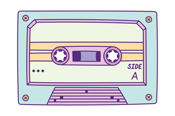 Retro Audio Cassette Hand Drawn Illustration with Outline Isolated on White Background. Vintage Analog Music Tape Record System. Vintage Mixtape from 80s and 90s