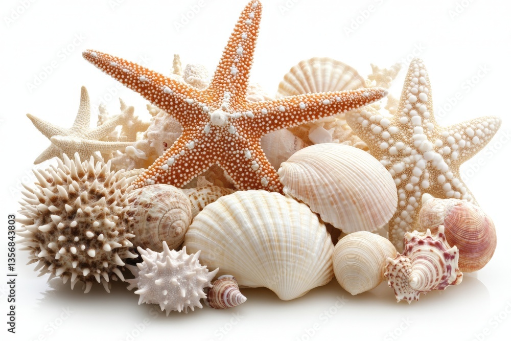 Poster Collection of various seashells and starfish displayed on a white background for artistic purpose