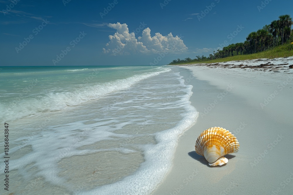 Poster Beautiful shell on the sandy beach with gentle waves and vibrant clouds under a clear sky in a coastal setting during daytime