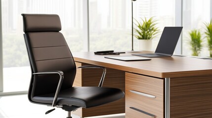 Modern office workspace featuring a sleek desk, ergonomic chair, and laptop with city view