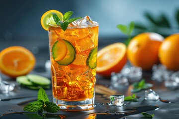 Fototapeta premium Refreshing Pimms Cocktail with Citrus and Mint Garnish 