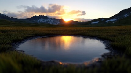 Fototapeta premium Golden sunset over a tranquil mountain pond