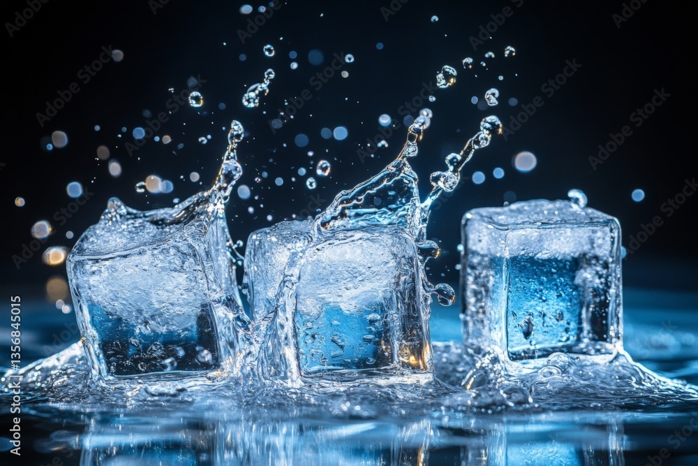 Aufkleber ice cubes splash in clear water creating dynamic patterns and reflections in a dark setting, showcas