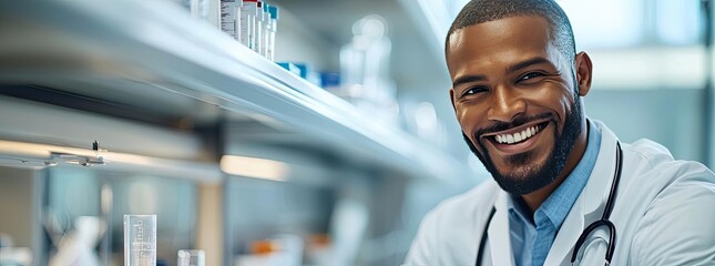 Medical student smiling in university hospital experiment concept. Smiling healthcare professional in a modern laboratory setting.